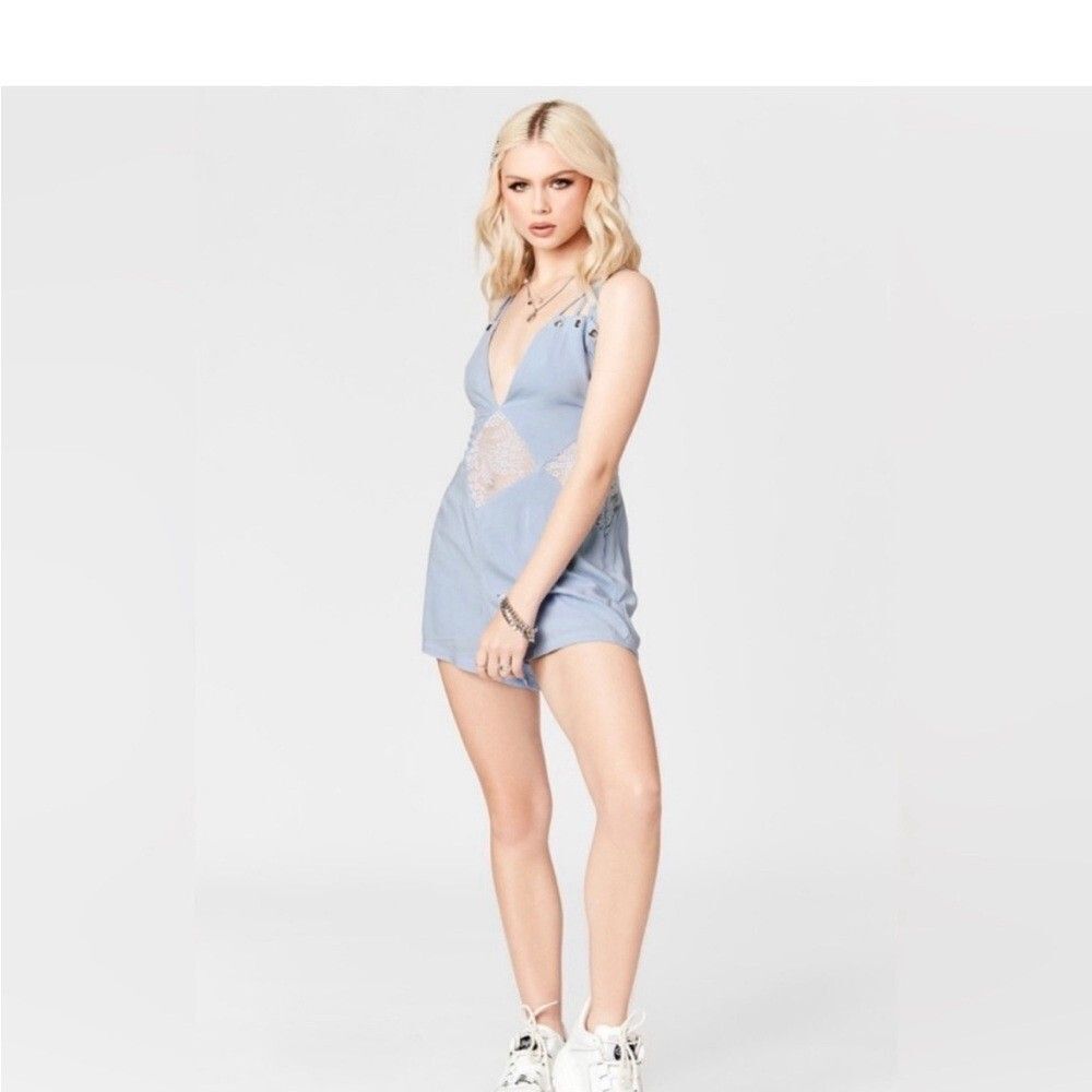 LF Millau Blue Lace Insert Romper Sz M Boho Style Festival Concert Vacation